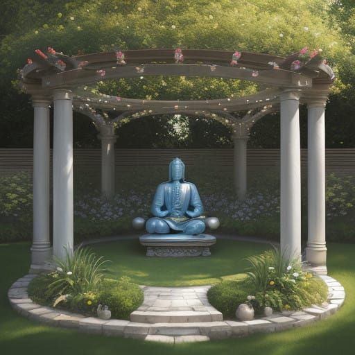 Serene Circular Meditation Space in a Sunny Garden Oasis