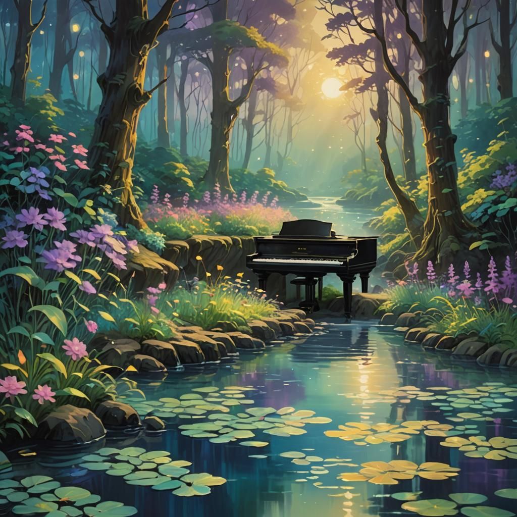 Mystical Forest Riverbank with Piano Keys in Ghibli Style