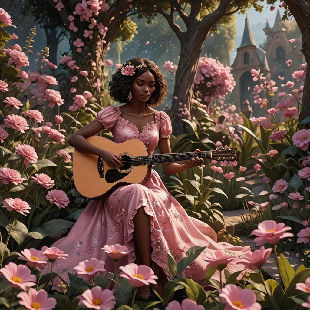 Girl Playing Guitar in Flower Garden, Detailed Art