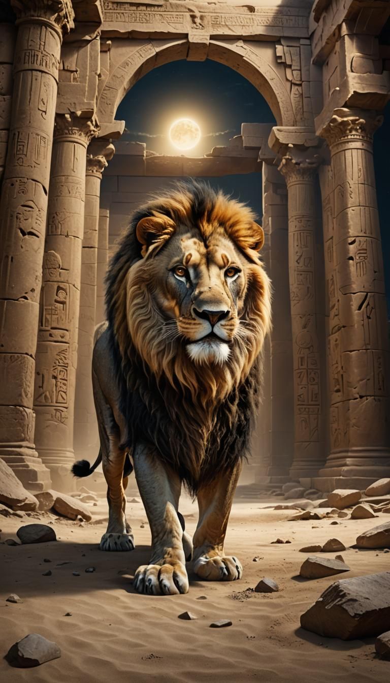 Lion Prowls Desert Temple Ruins in Digital Art