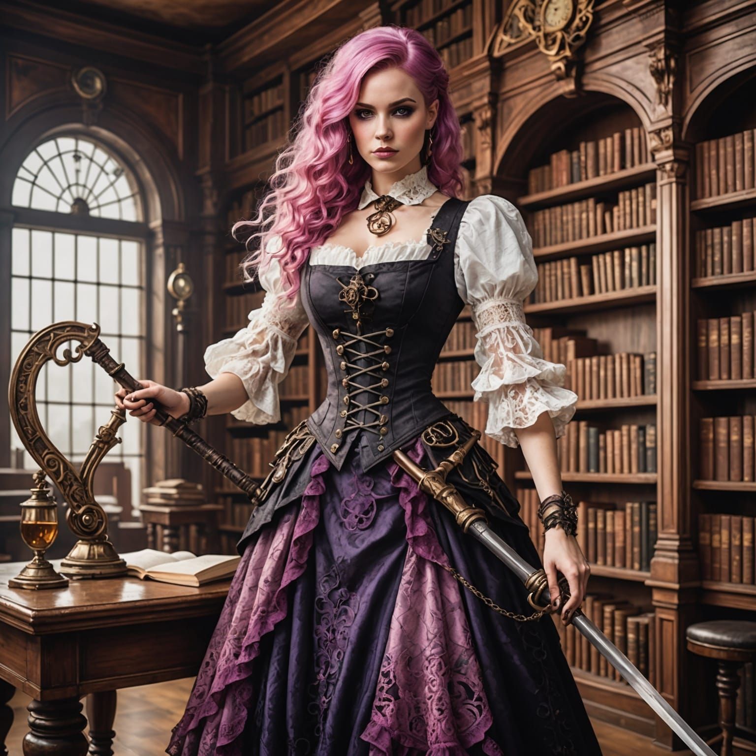 Steampunk Reaper Spins Scythe in Library