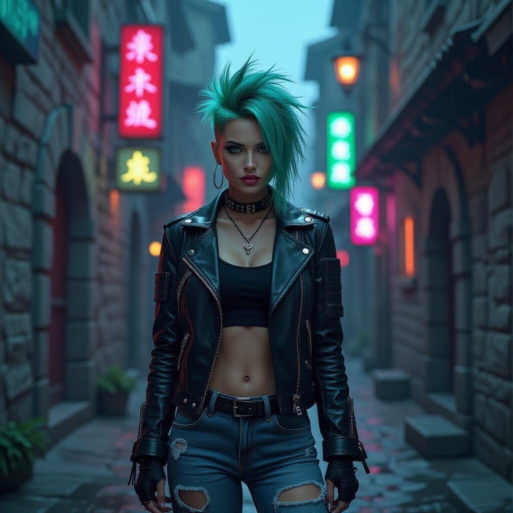 Cyberpunk Fairy in Medieval Cyberpunk Cityscape