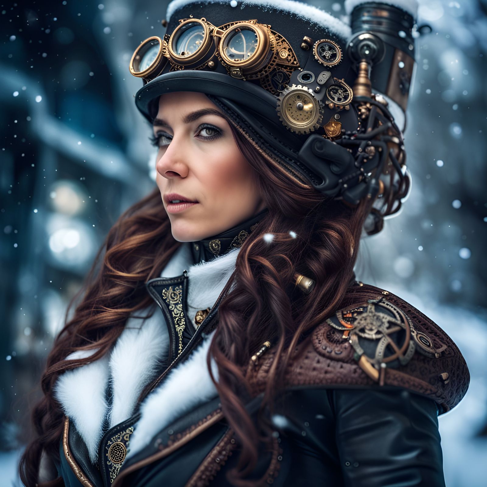 Steampunk Woman in Winter Wonderland, Hyperrealistic