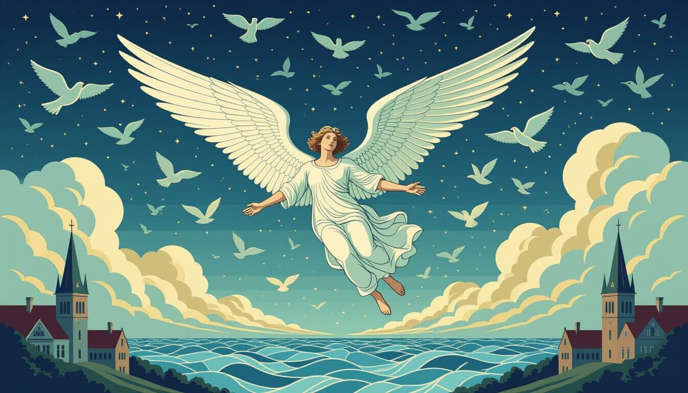 Icarus Falling Over Belgian Landscape in Ligne Clair Style