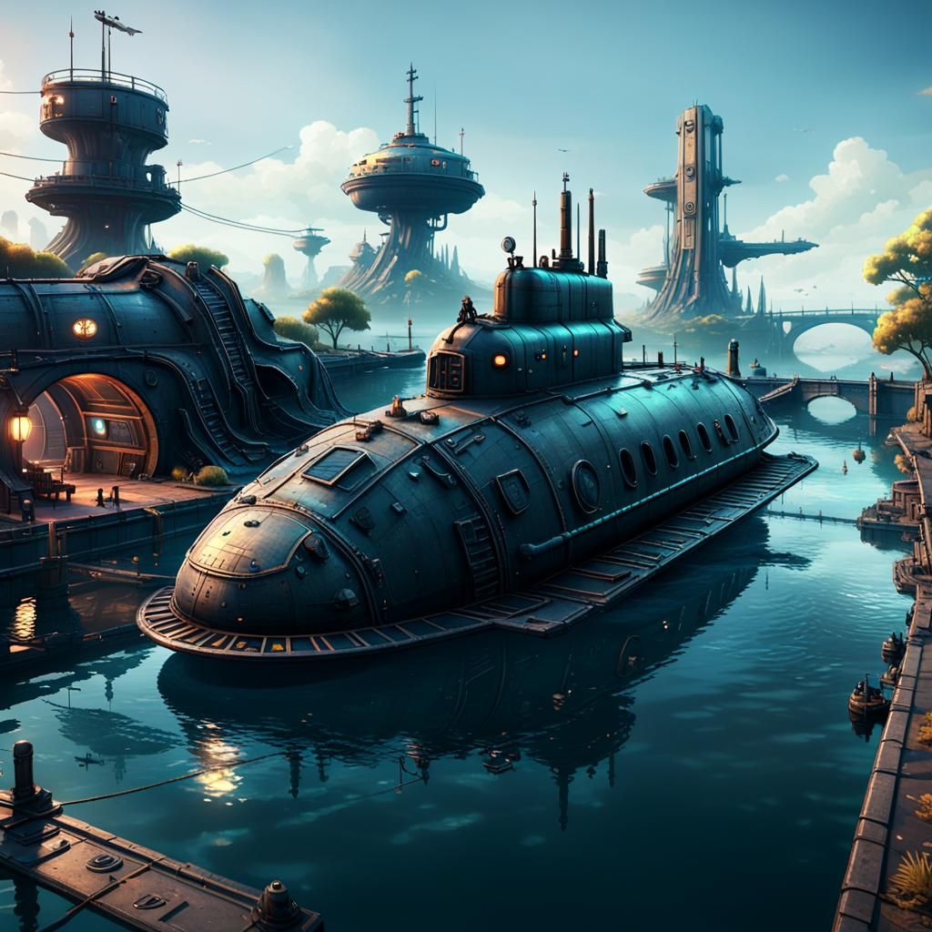 Retrofuturistic Submarine Exploring Underwater World in Digi...
