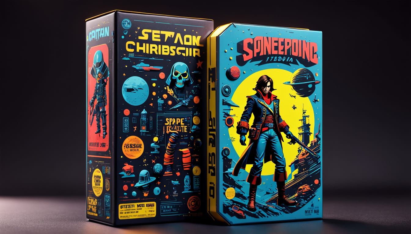 Vintage-Style Space Pirate Toy Box Design with Neon Accents