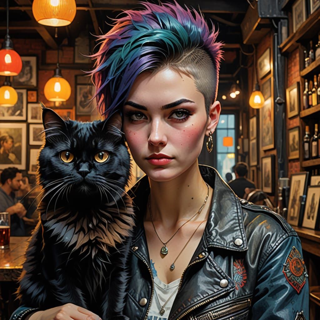 Rebel Girl and Her Feline Friend in a Vibrant, Hyper-Detaile...
