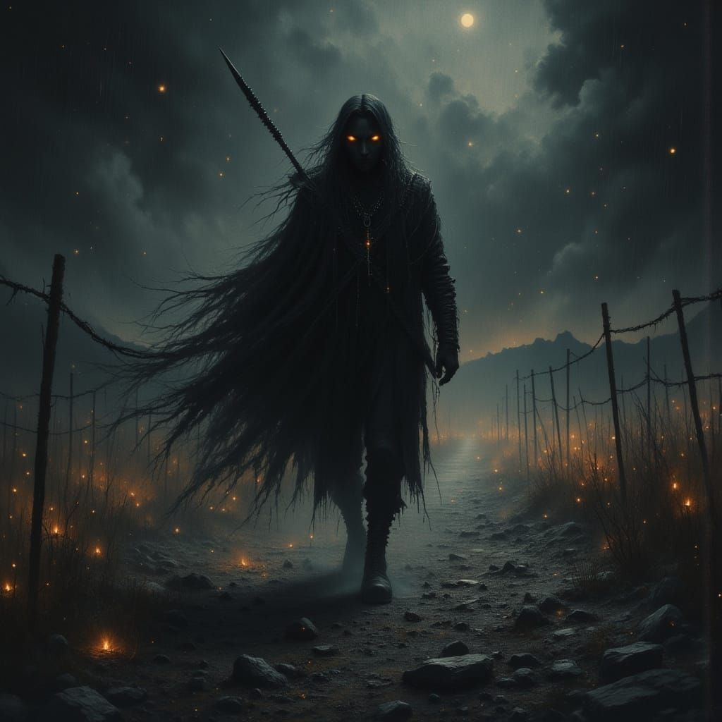 Dark Fantasy Rider in Noir Dust Storm