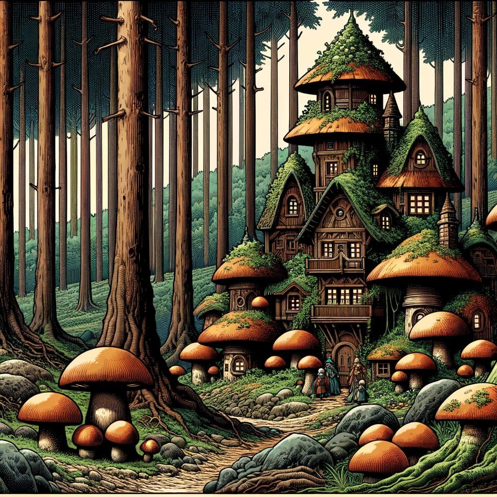 Whimsical Forest Village in Comic Book Style