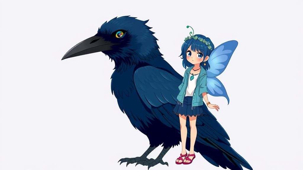 Blue Crow and Gothic-Hippy Fairy in Anime Style