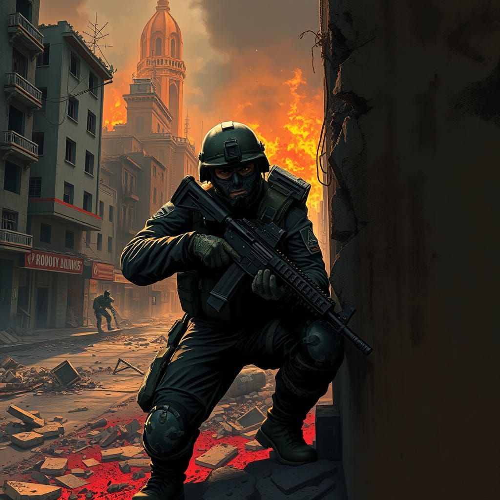 Soldier in Combat, War-Torn Cityscape