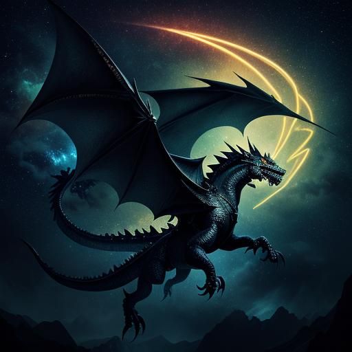 Black Dragon Flight Through Neon Starry Sky