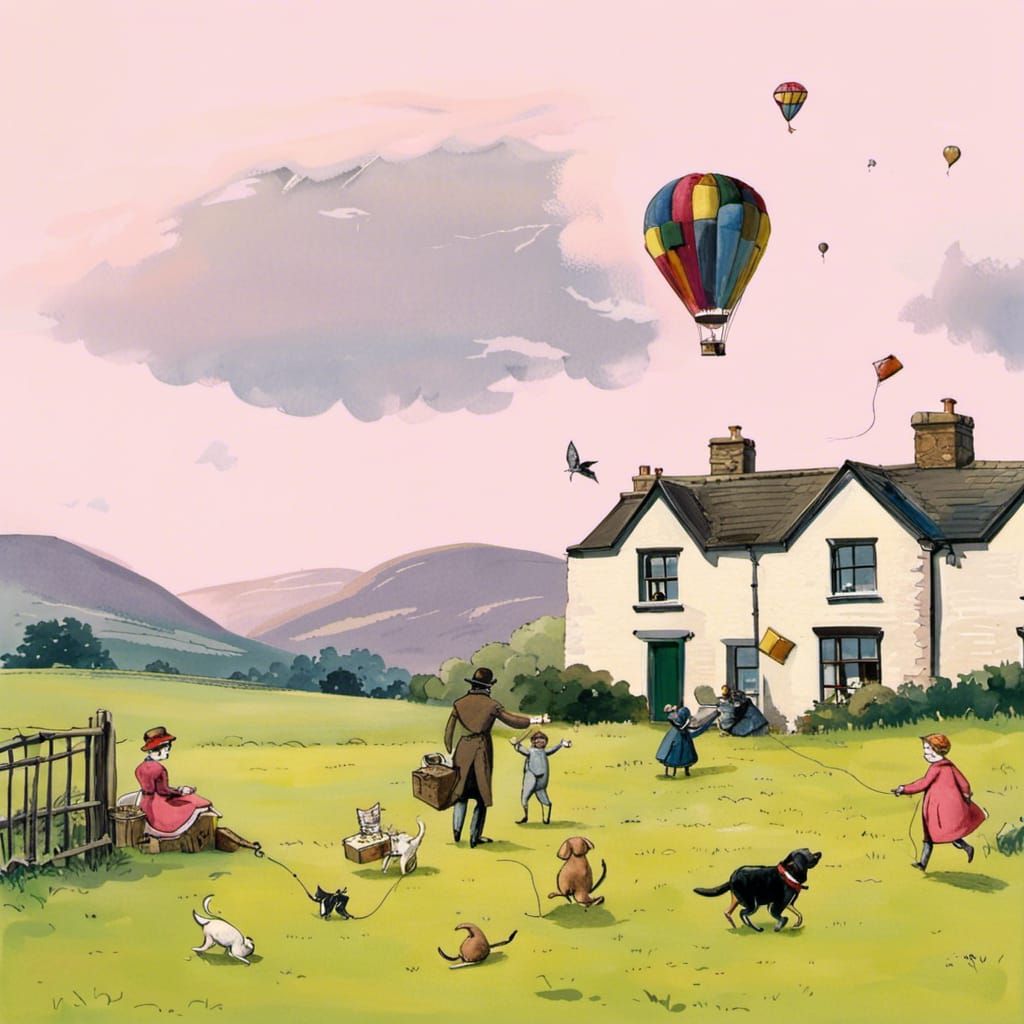 Victorian Cottage Scene with Kites in 3D