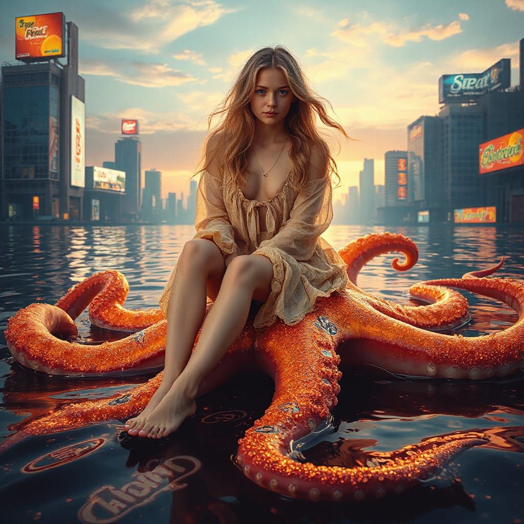 Golden-Haired Woman on Luminous Squid Amidst Surreal Soda Se...