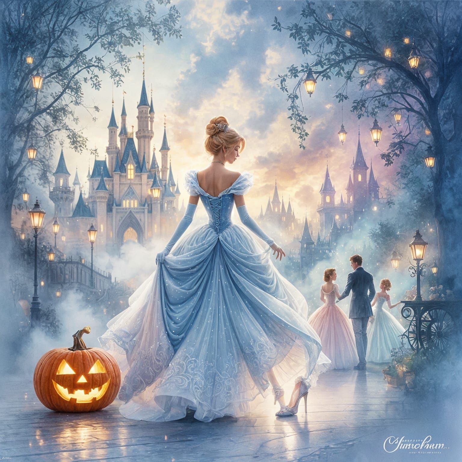 Cinderella Double Exposure Fairytale in Watercolor Style