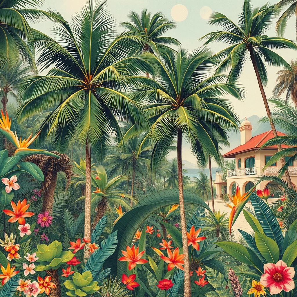 Lush Coconut Palms in Botanical Mixed Media
