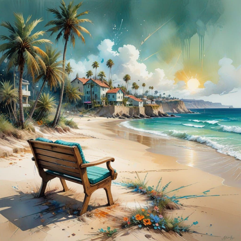 Beach Scene with Bench in Impressionist Watercolor Style