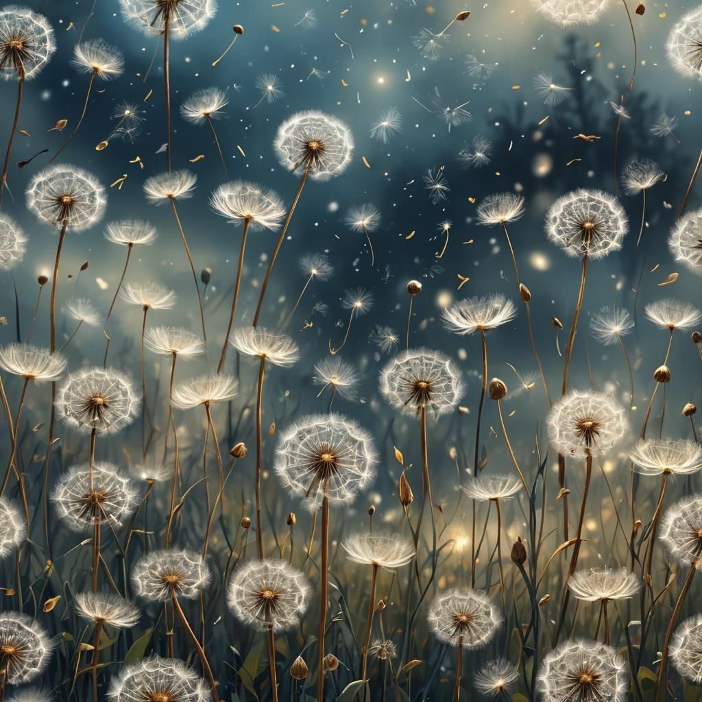 Ethereal Dandelion Field with Fireflies, Fantasy Concept Art