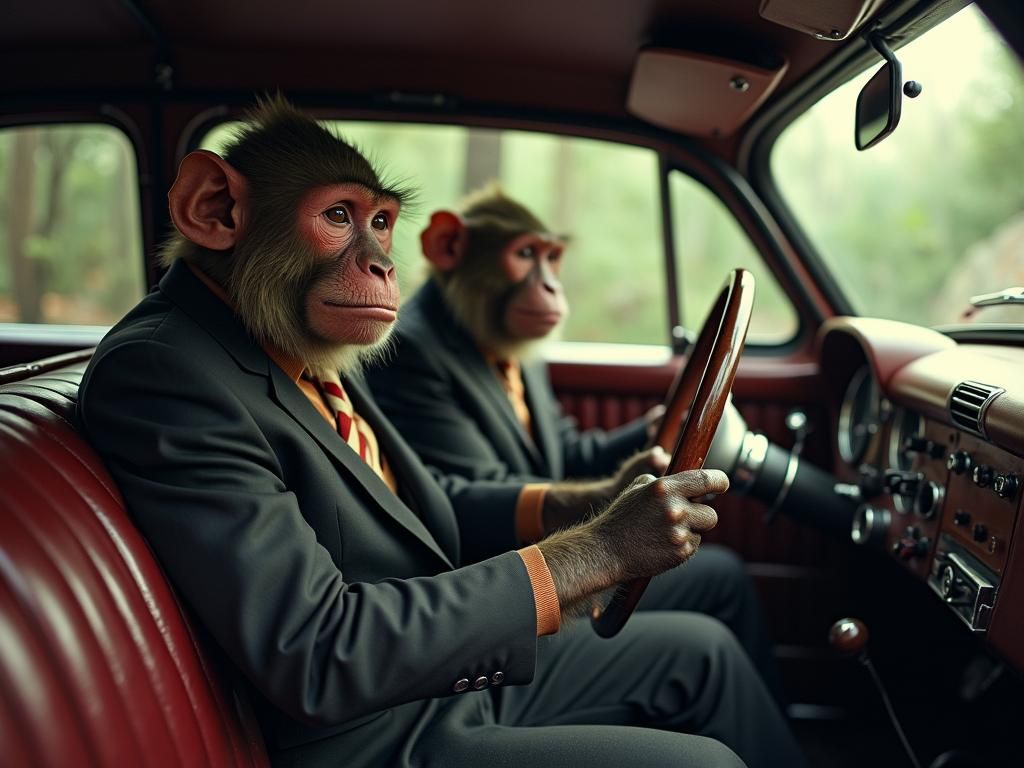 Monkeys in Formal Wear Driving Vintage Car