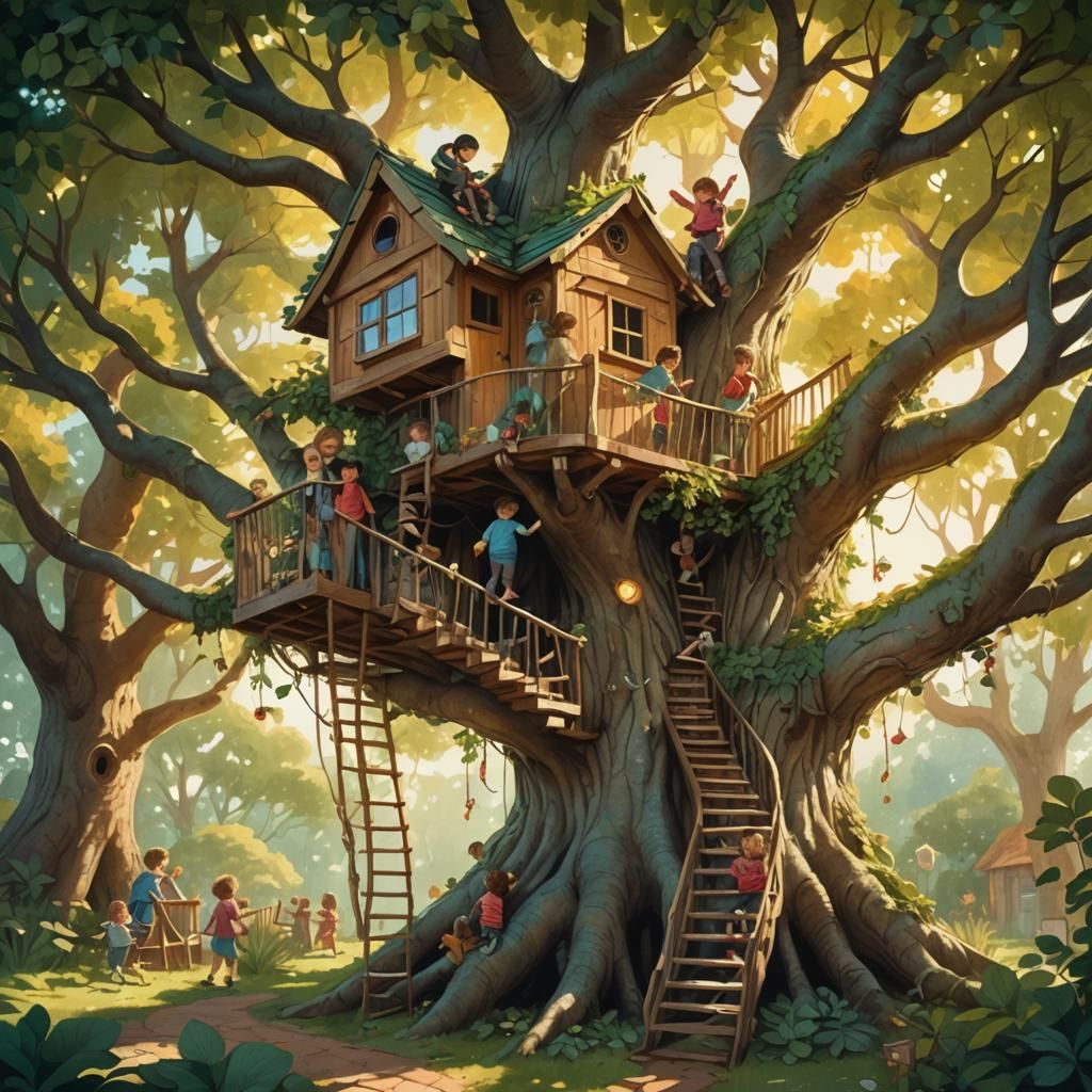 Children Playing on a Whimsical Treehouse Tree