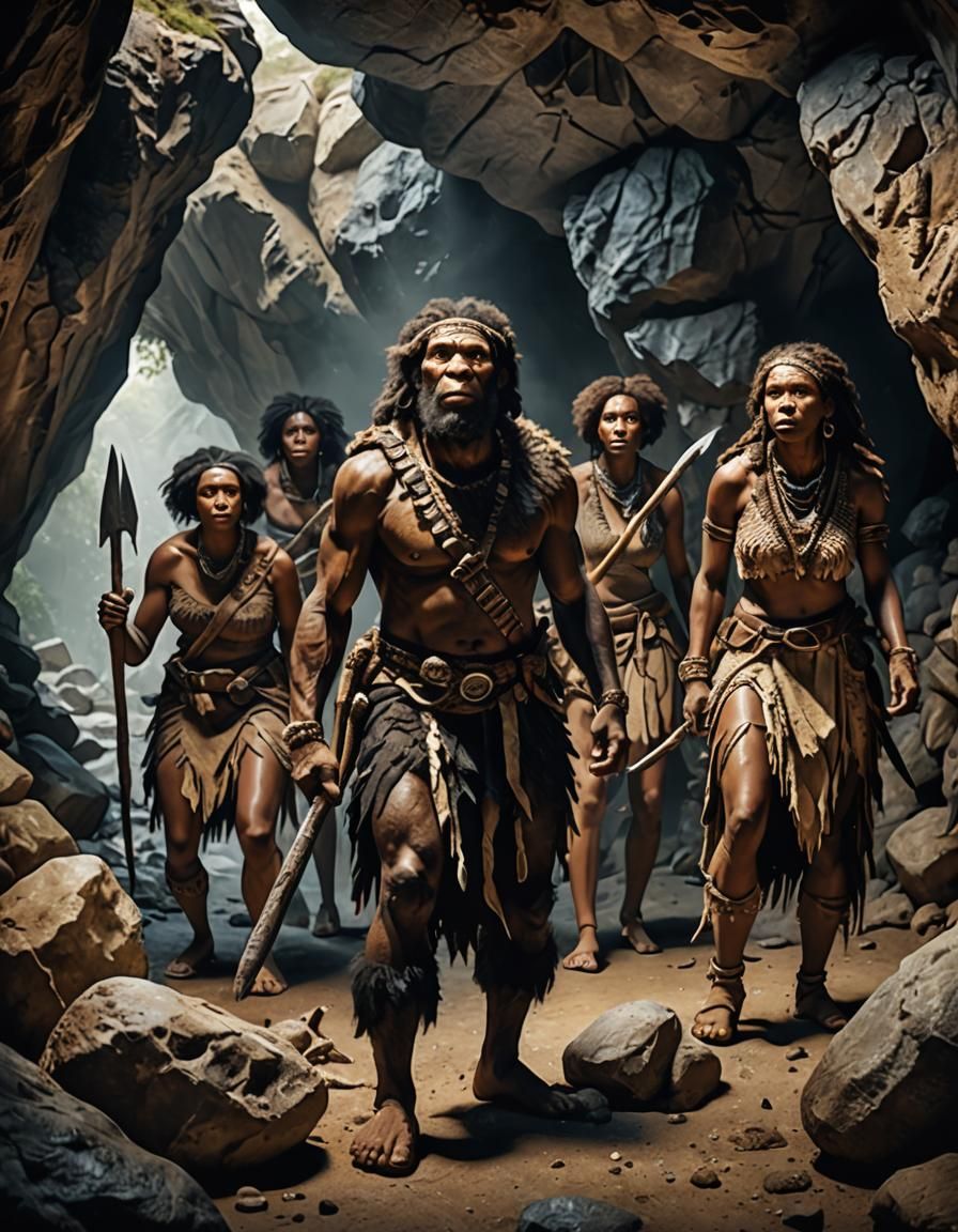A group of black neanderthal women and men wearing animal skin clothes hunting in an ancient cave with their stone weapo...