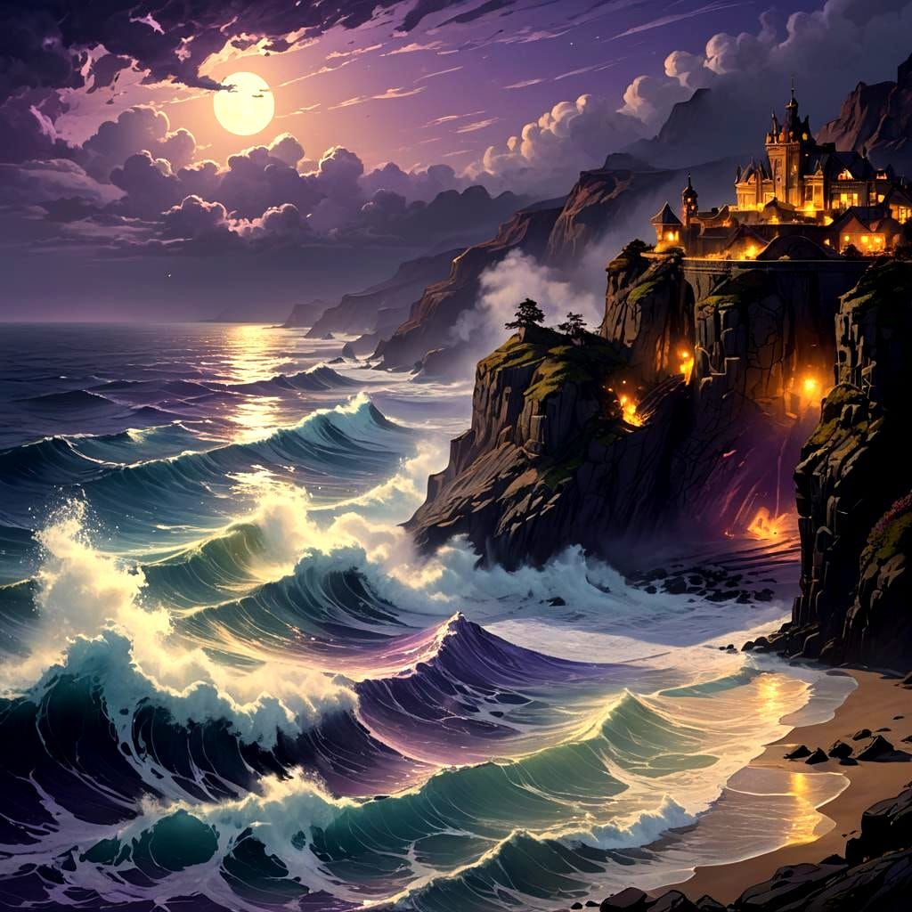 Night Oceanside Cliff: Dark Fantasy Art in 8K