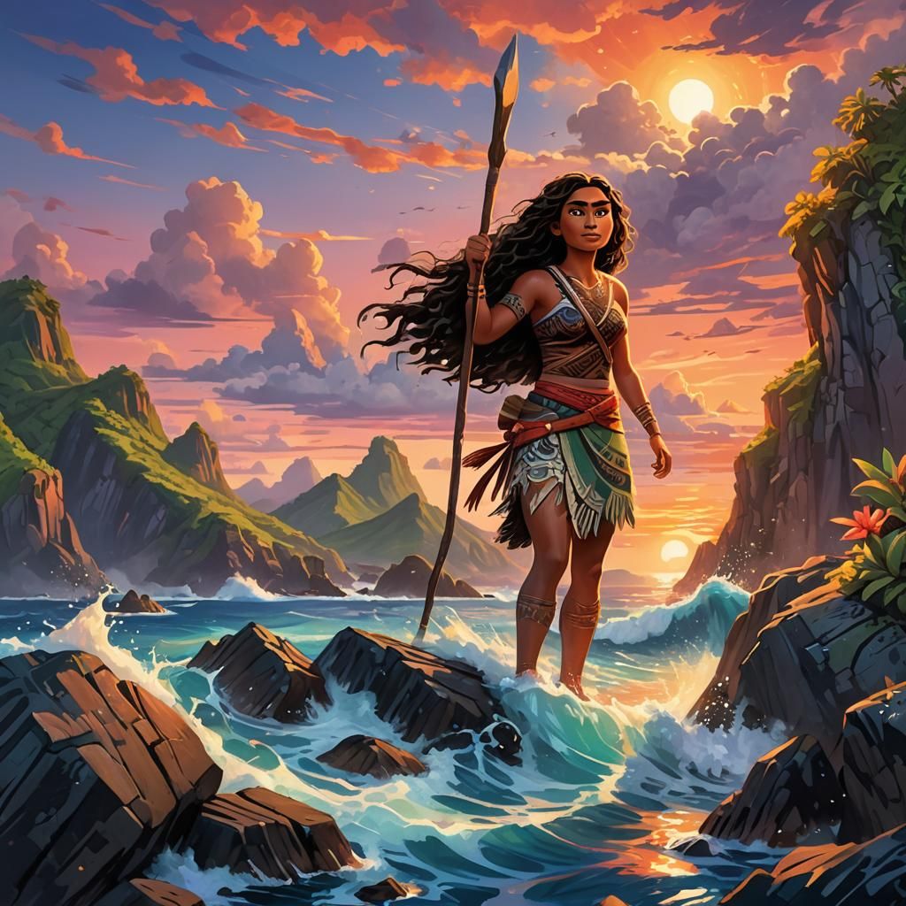Moana on Rocky Cliff at Sunset: Gouache Illustration