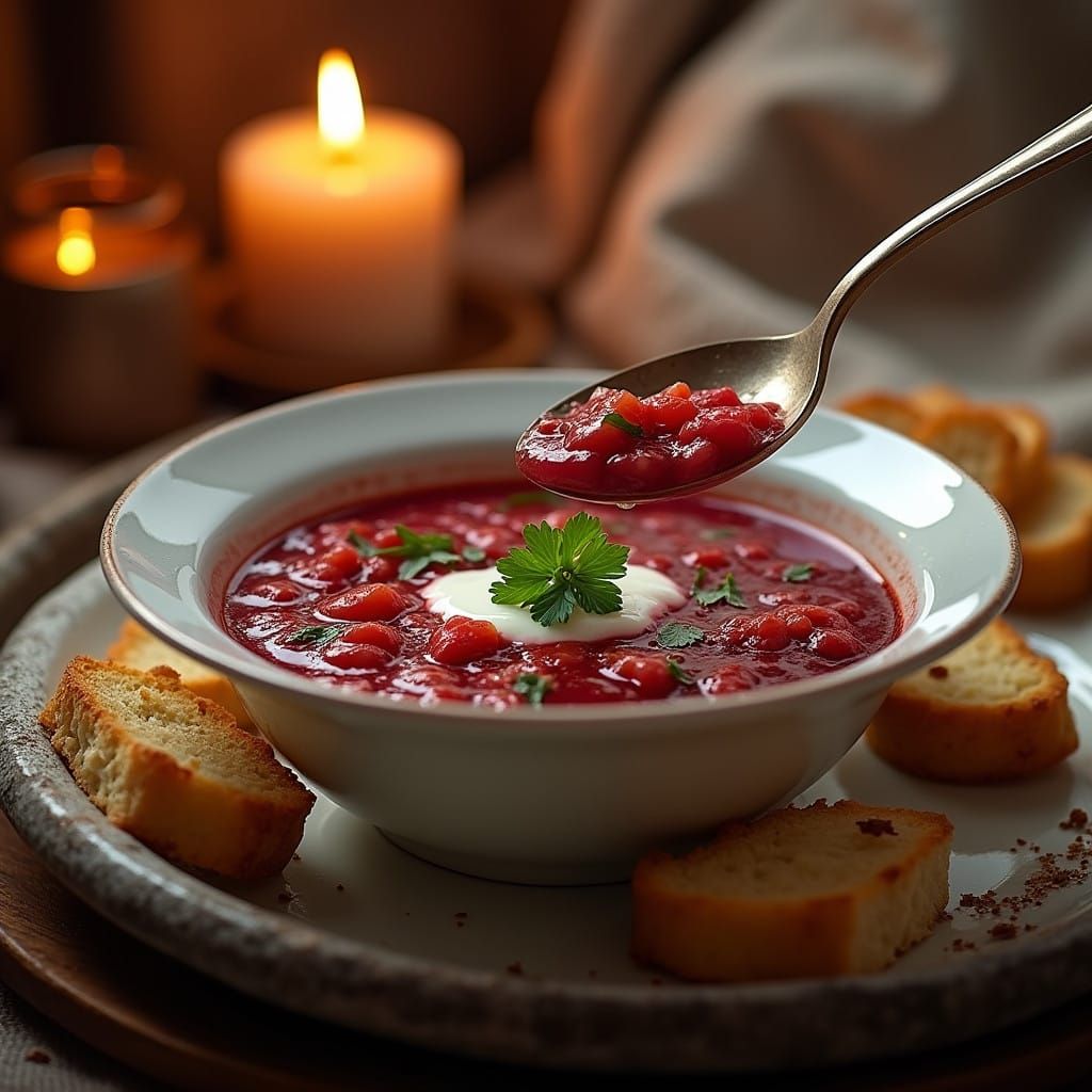 Warm Ukrainian Borscht in a Cozy Film-Noir Setting