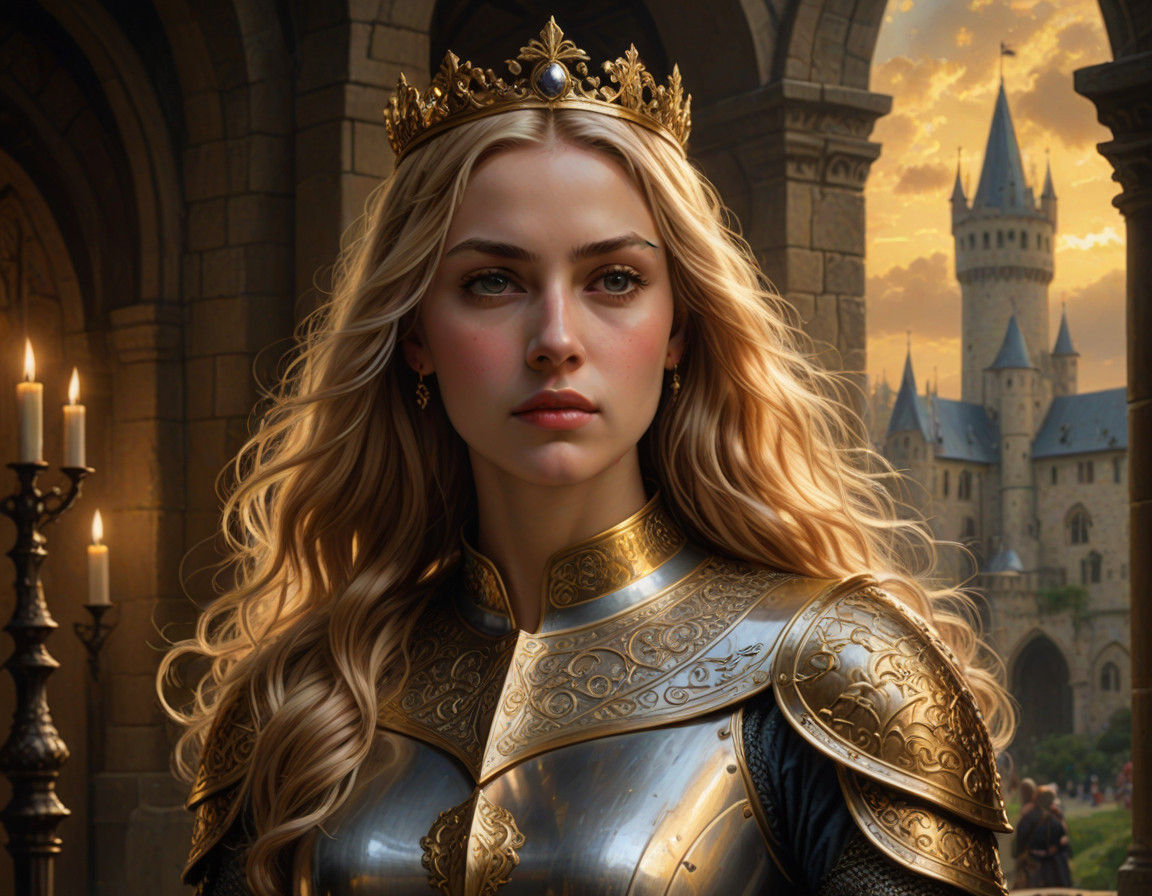 Medieval Queen Knights Chivalrous Knight in Warm Golden Ligh...