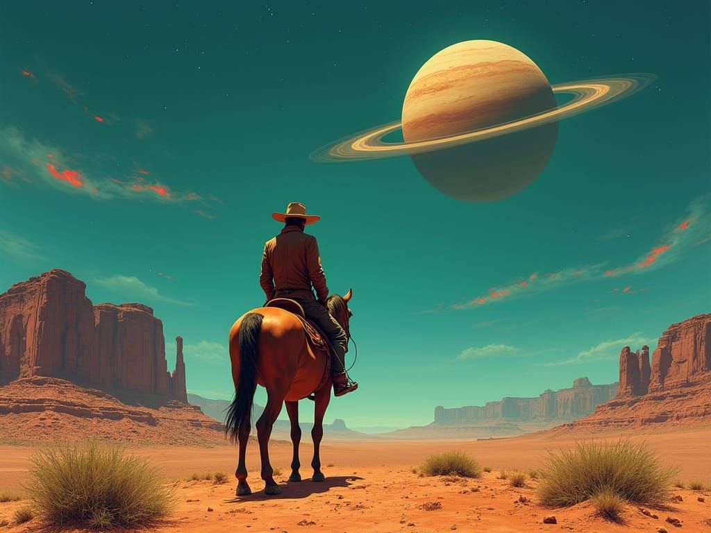 Surreal Cowboy Explores Cosmic Desert Landscape in Western S...