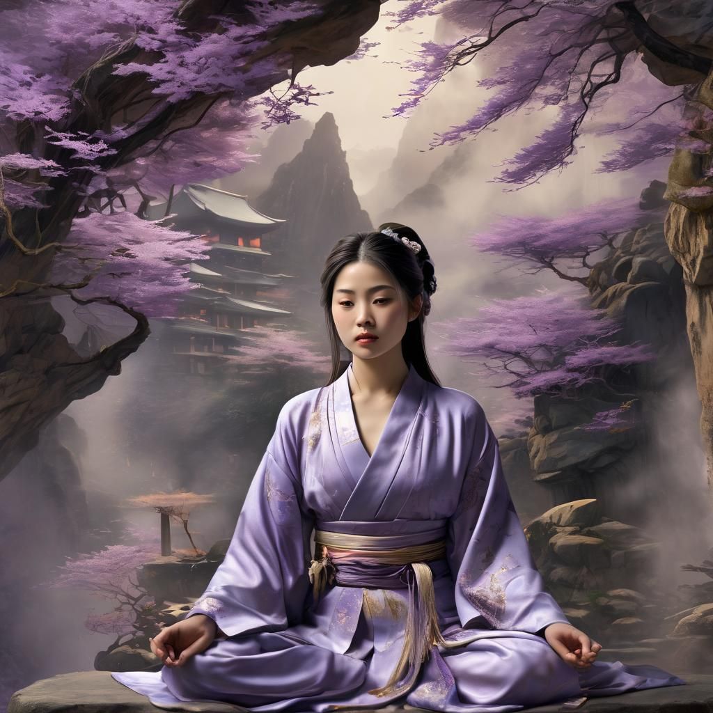 Meditating Woman in Mountain Shrine, Ink Wash Art