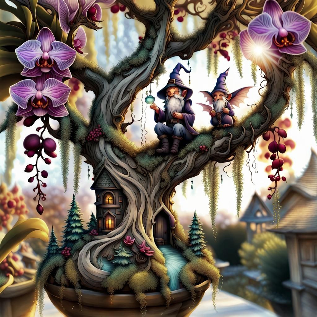 Dragon, Gnomes and Orchids in Surreal Watercolor Art