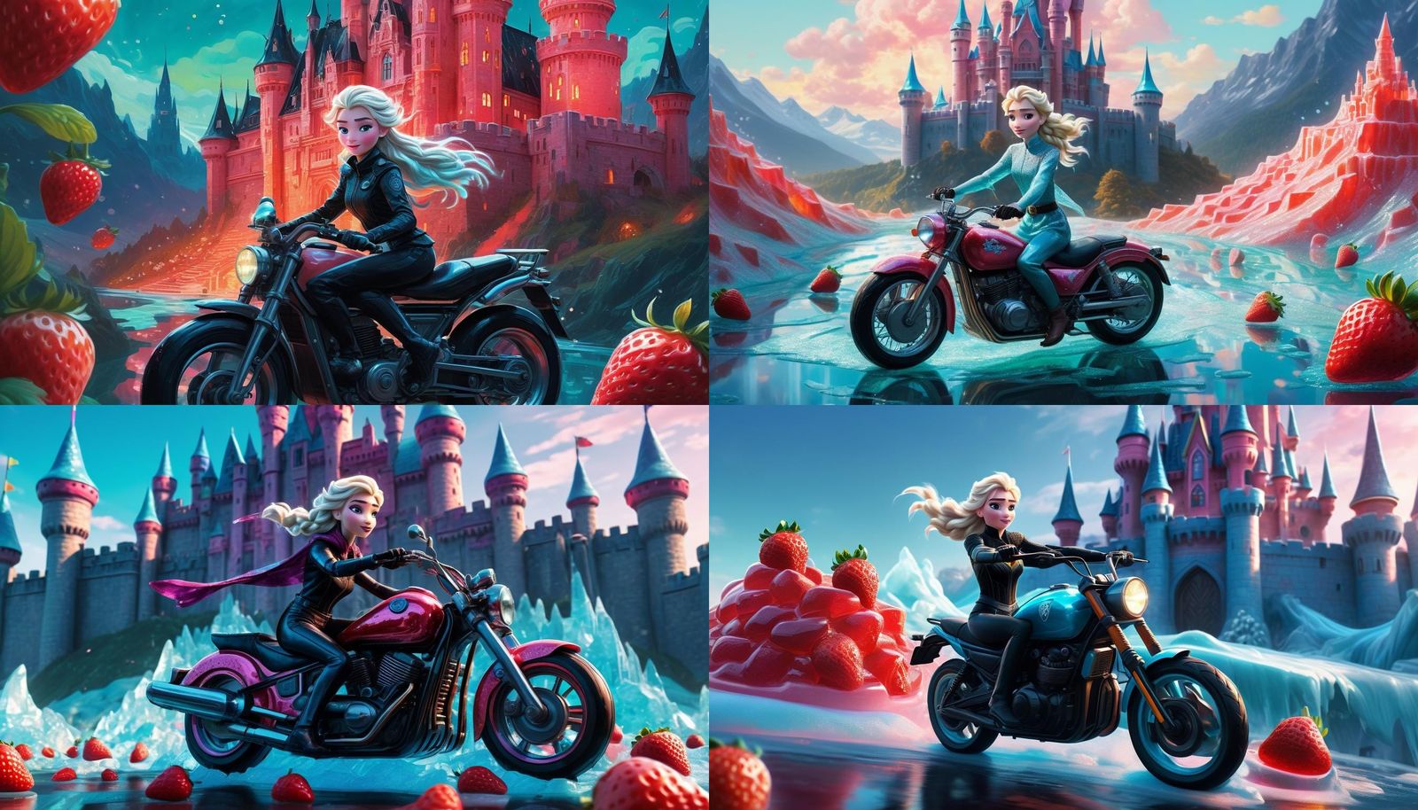 Elsa on Motorcycle in Strawberry Jello Castle