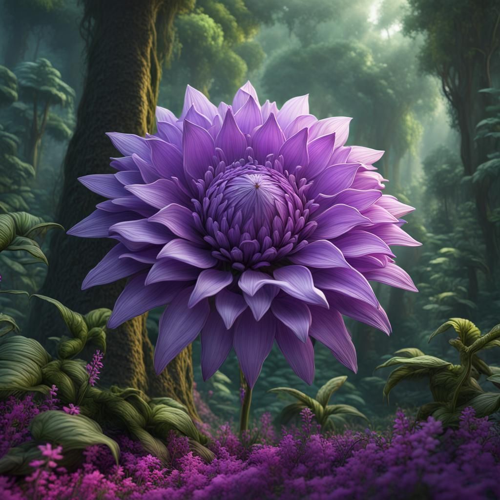 Giant Purple Flower Blooms in Green Jungle
