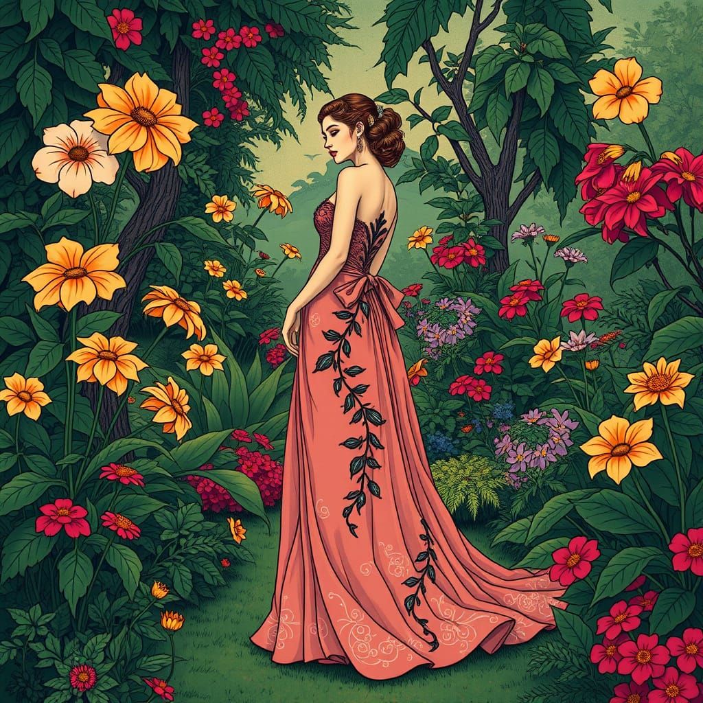 Elegant Woman in Art Nouveau Garden