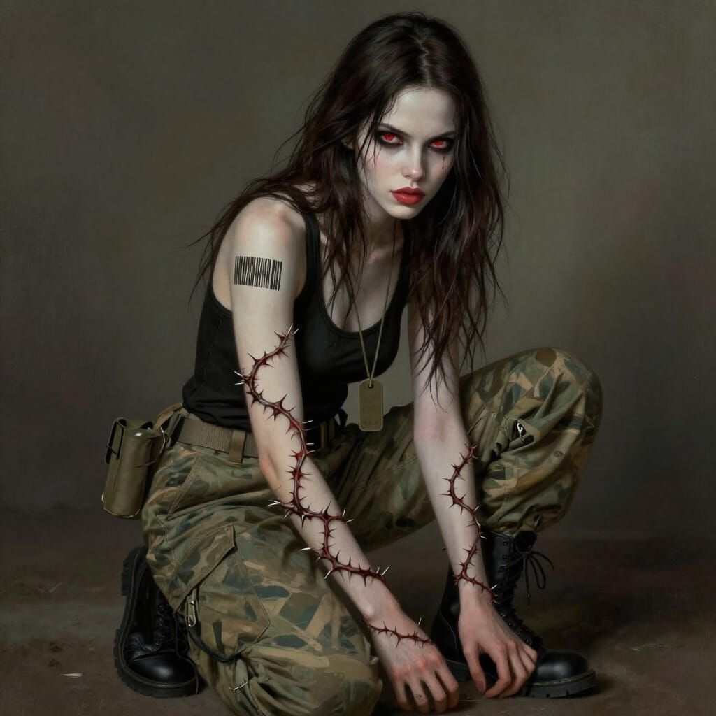 Woman with Red Eyes and Thorned Vines