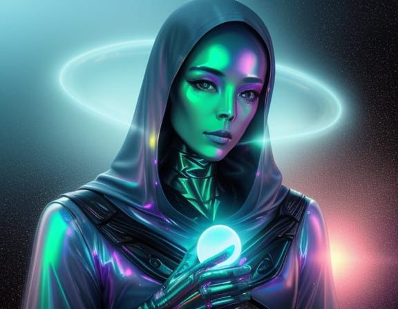 Alien with Spectral Aura in Misty Landscape Oil Painting