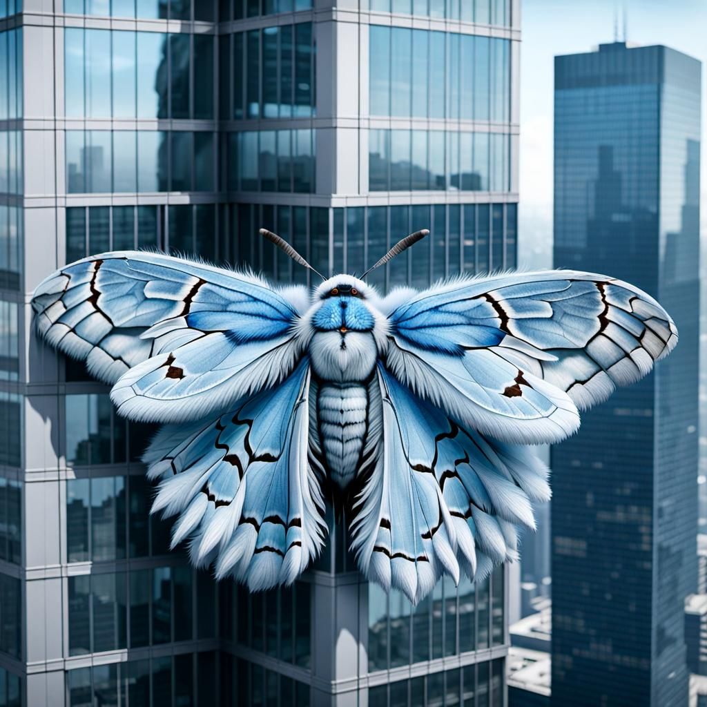Giant Blue Moth on Skyscraper, Hyperrealistic Photo