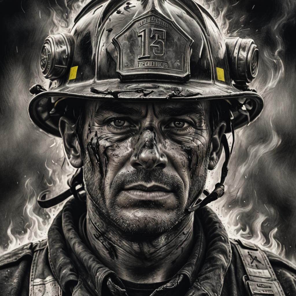 Sweaty Firefighter in Charcoal Style Illustration