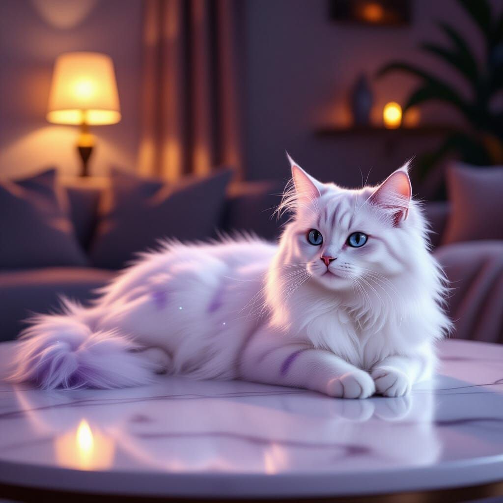 White Cat with Lilac Stripes Relaxing on Marble