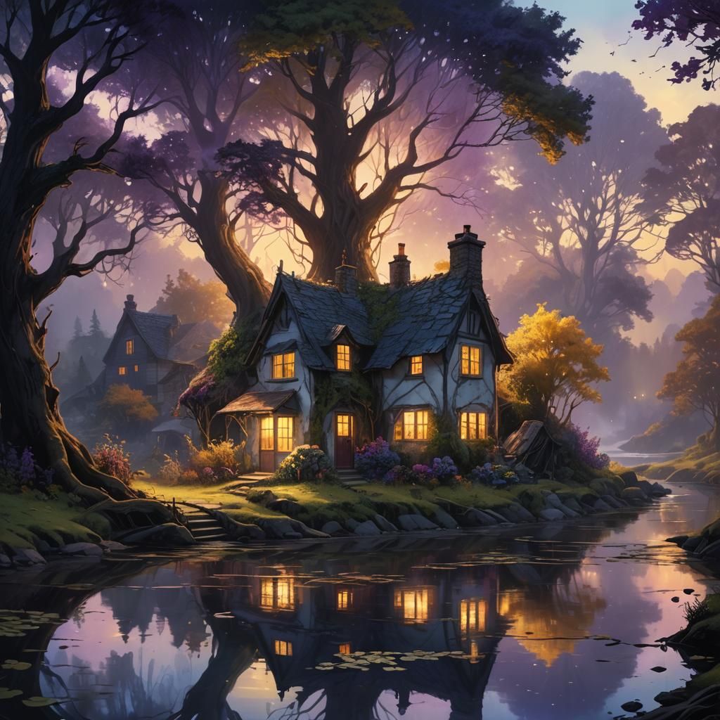 Fantasy Cottage by River: Hyperdetailed Concept Art