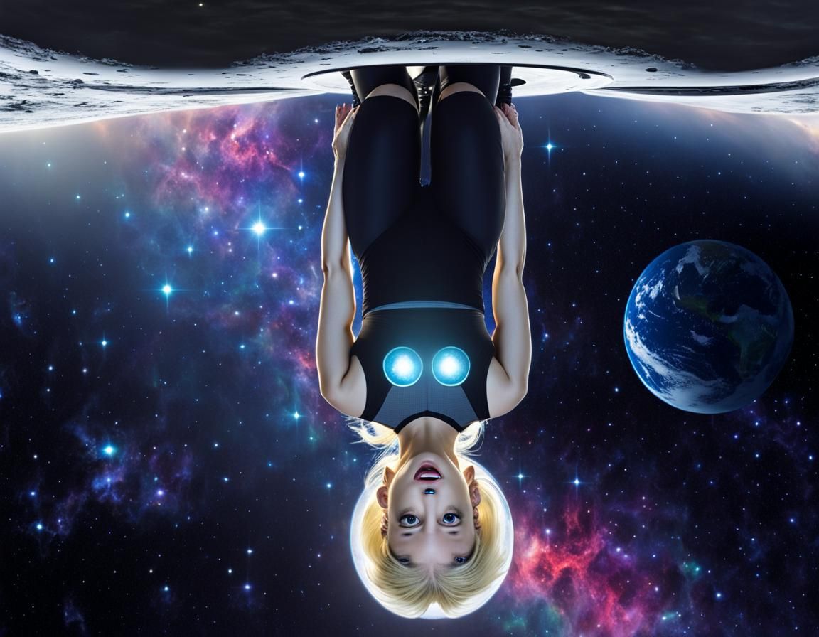 Blonde Alien on Moon with UFO and Earth