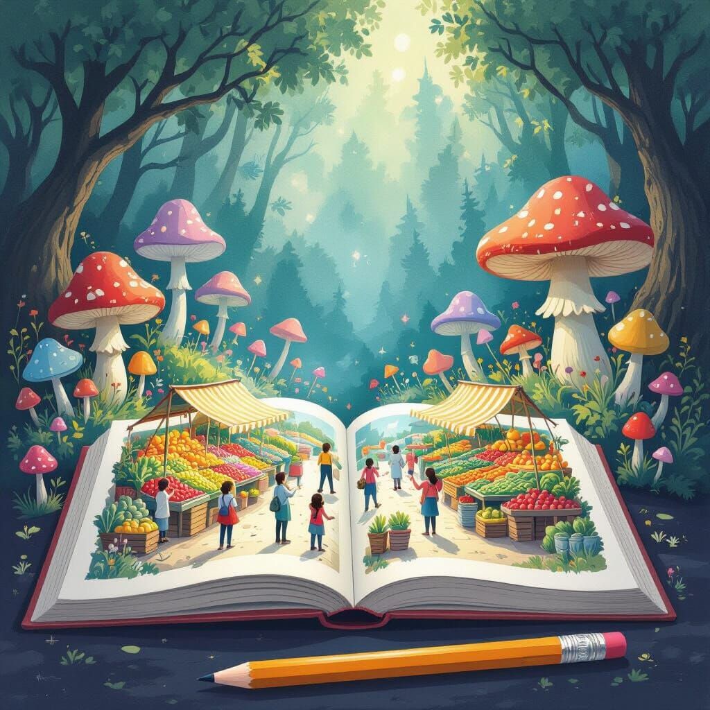 Fairytale Illustration Book with Giant Pencil and Mushroom C...