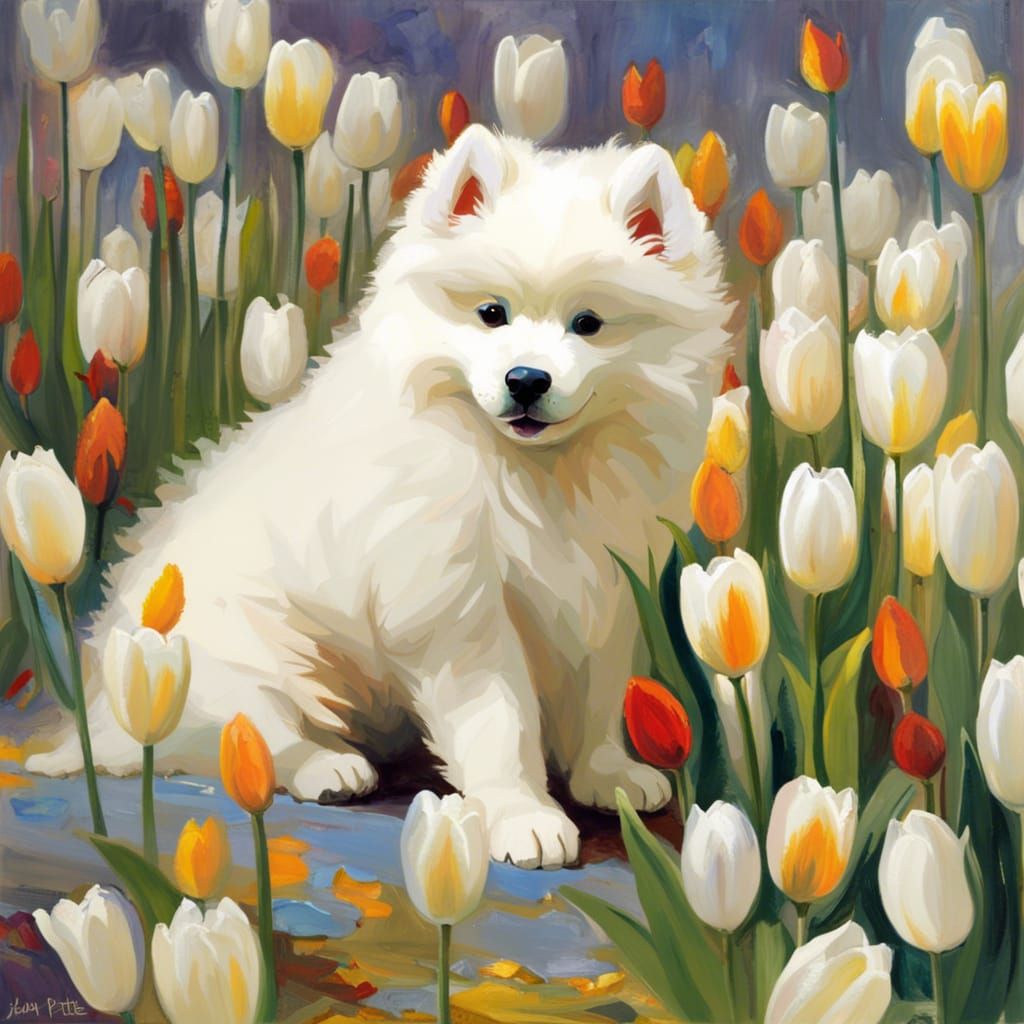 Samoyed Puppy in White Tulips, Fantasy Painting