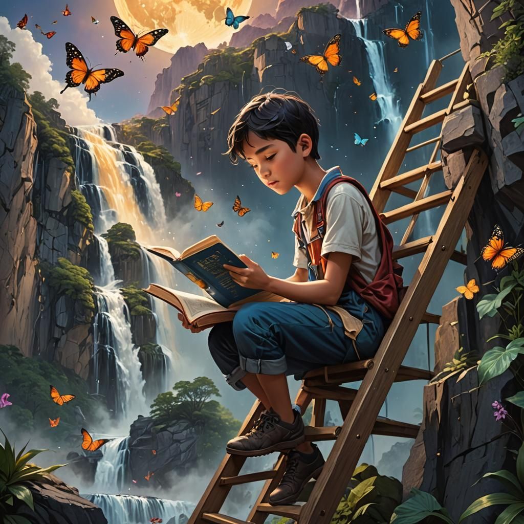 Boy and Magical Book: Hyperrealistic Splash Art