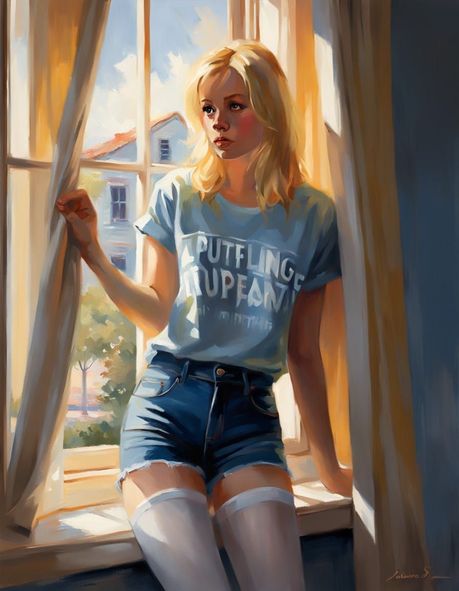 Luminous Impressionist Painting of Blonde Woman in Denim Sho...