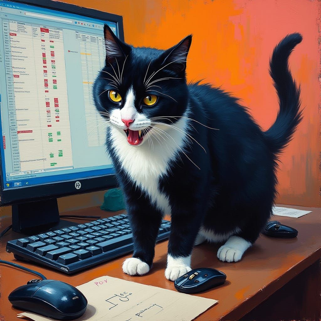 Aggressive Business Cat Dominates Her Desk in Vibrant, Expre...