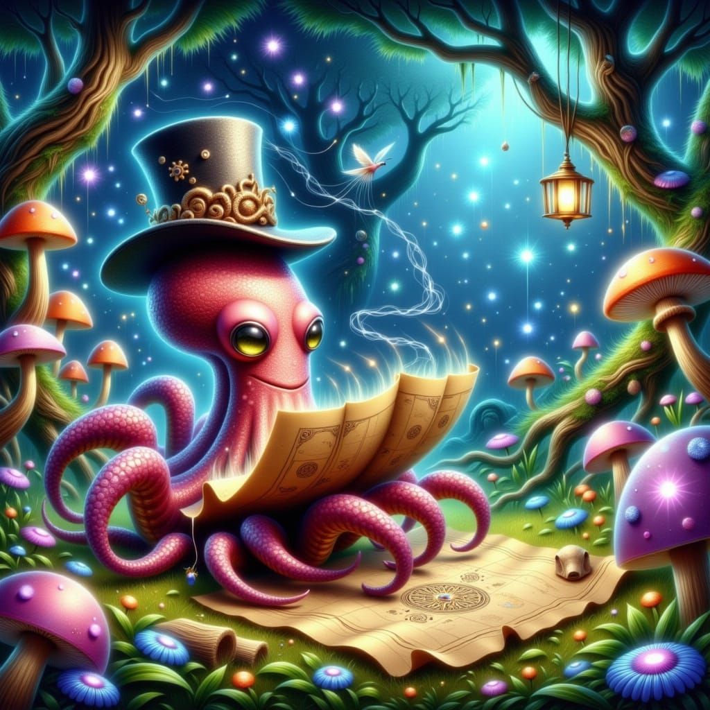 Mystical Octopus Adventurer in Enchanted Forest