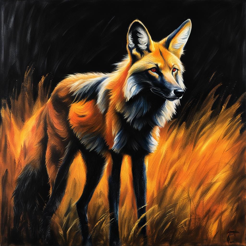 Vibrant Maned Wolf Oil Pastel Drawing in Fauvism Style