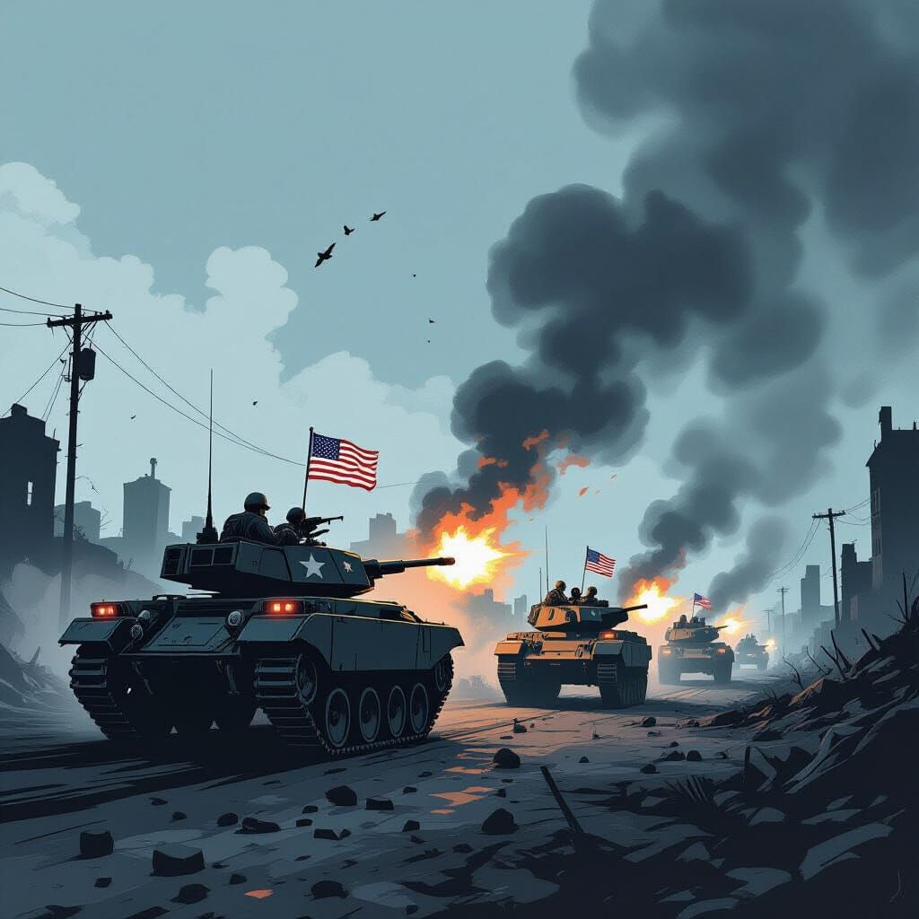 War-Torn Cityscape with American Military Vehicles